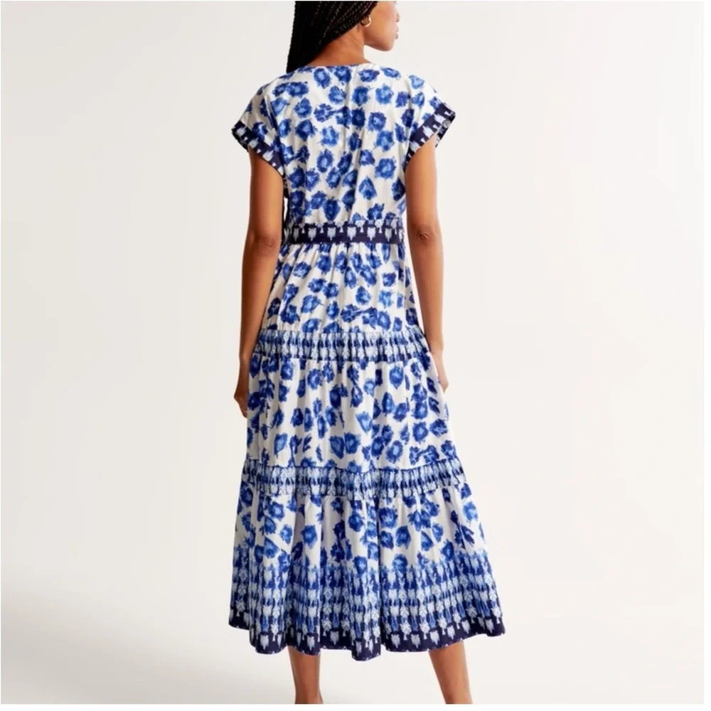 Abercrombie & Fitch Womens Tiered Poplin Maxi Dress S Blue Euro Summer Fall